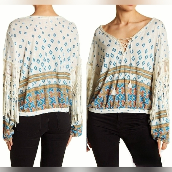 Free People Tops - NWT Free People Lyocell Linen Macra Maze Ivory Combo Fringe Blouse